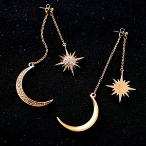 NWT Gold Tone Rhinestone Moon and Star Dangling Pierced Earrings